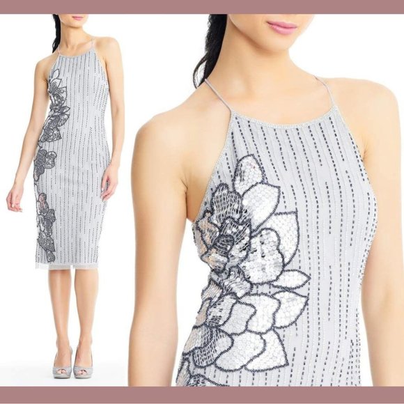 NEW Adrianna‎ Papell [ 4 US ] Floral Beaded Midi Dress in Bridal Silver - Picture 2 of 13